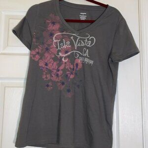 Women’s V-Neck Isla Vista Santa Barbara County Gray with Pink Flowers SZ Medium